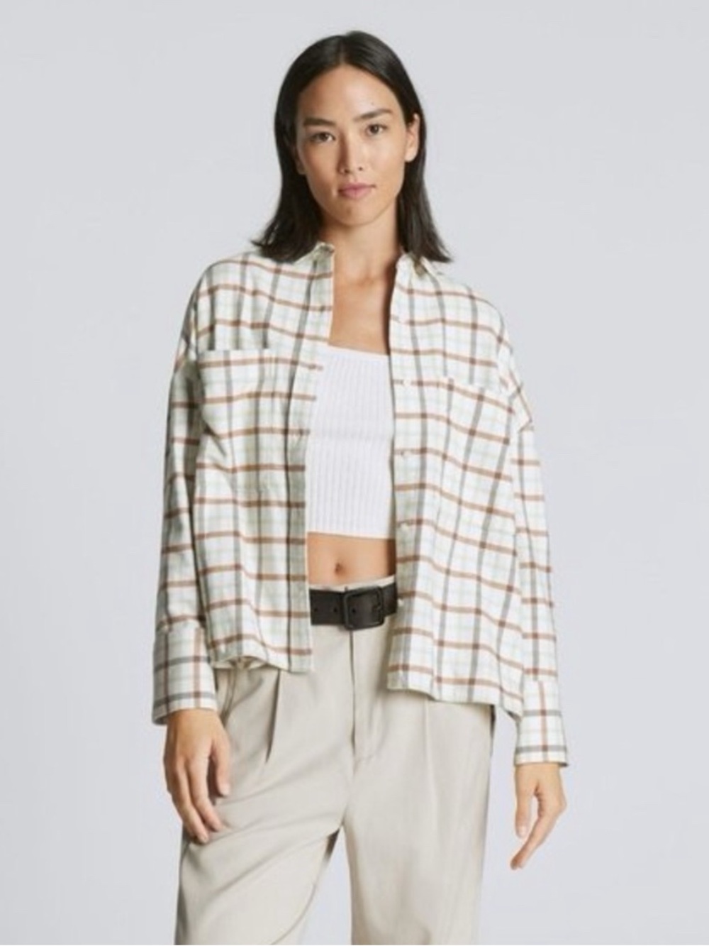 Everlane Boxy Plaid Checkered Cotton Flannel Button-Front Shirt Size XXS-S